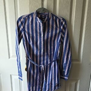 Tommy Hilfiger Blue and White Striped Women's Button Down Shirt